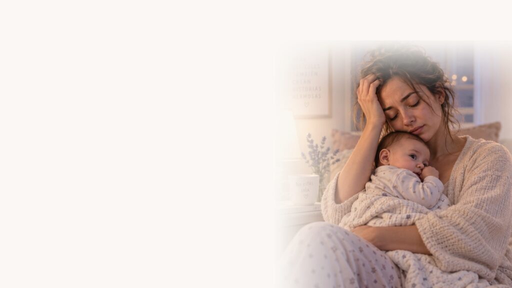Mamá abraza a su bebé de 4 meses en la habitación, de noche, durante la crisis del sueño